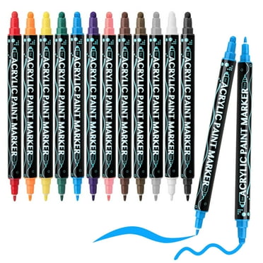 Acrylic Paint Pens, BUSATIA 12 Colors Dual Tip Paint Markers, Acrylic Paint Markers for Rock Painting, Wood, Canvas, Stone, Ceramic Surfaces, DIY Crafts Making Art Supplies-Round Tip and Fine Tip