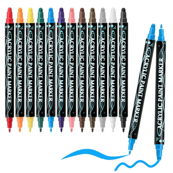 Acrylic Paint Pens, BUSATIA 12 Colors Dual Tip Paint Markers, Acrylic Paint Markers for Rock Painting, Wood, Canvas, Stone, Ceramic Surfaces, DIY Crafts Making Art Supplies-Round Tip and Fine Tip