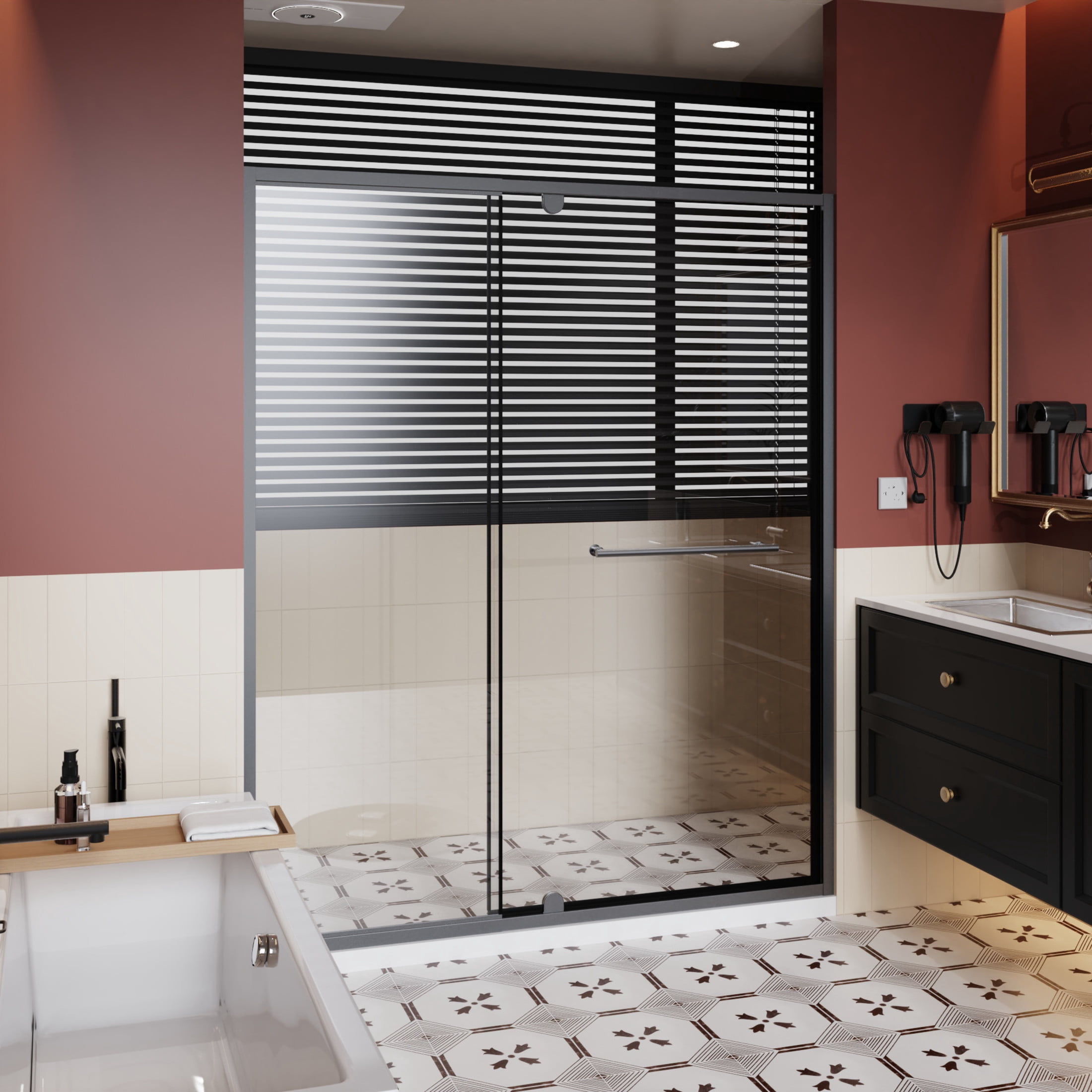 Noble House 60" x 72" Pivot Shower Door, Thick Clear Tempered Glass Swing Door with Stainless Steel Handle, Matt Black