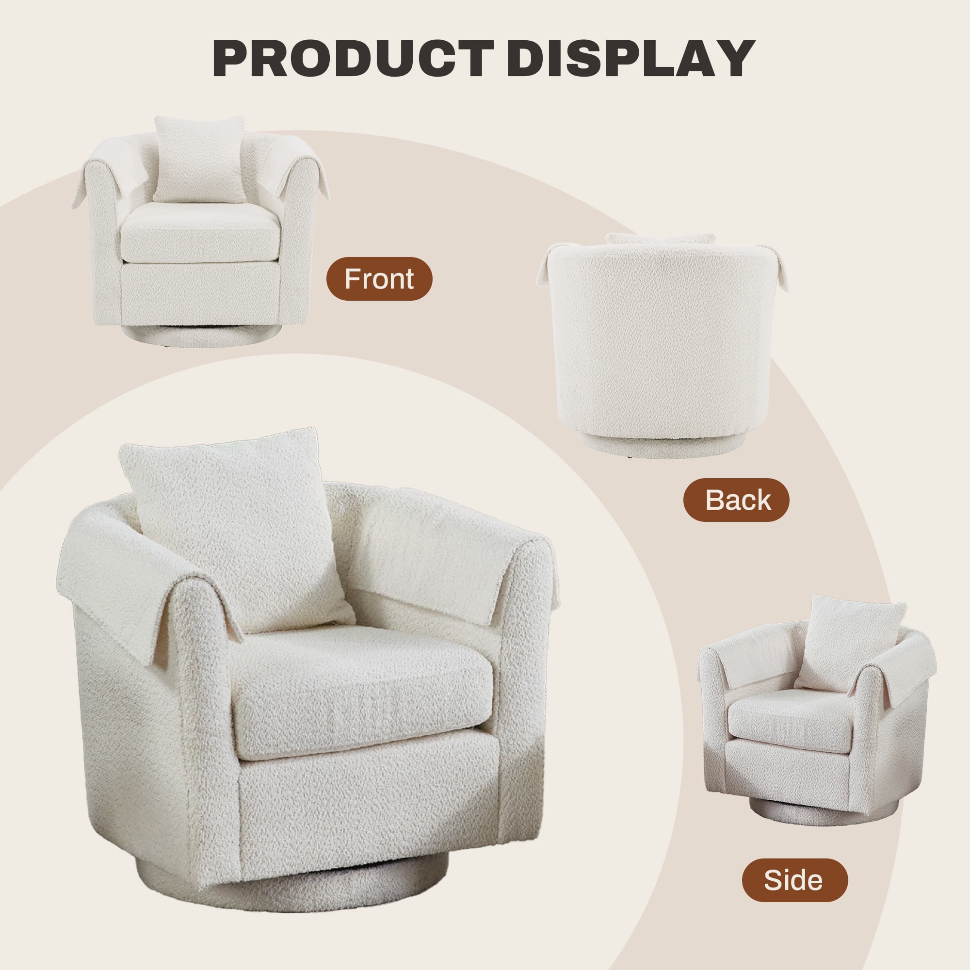 FunniHomi 18.5"D x 18.9"W Small Swivel Accent Chair, Upholstered Round Barrel Chair with Removable Back Pillow, Ottoman Set and Armrest Covers for Kids and Teens, White