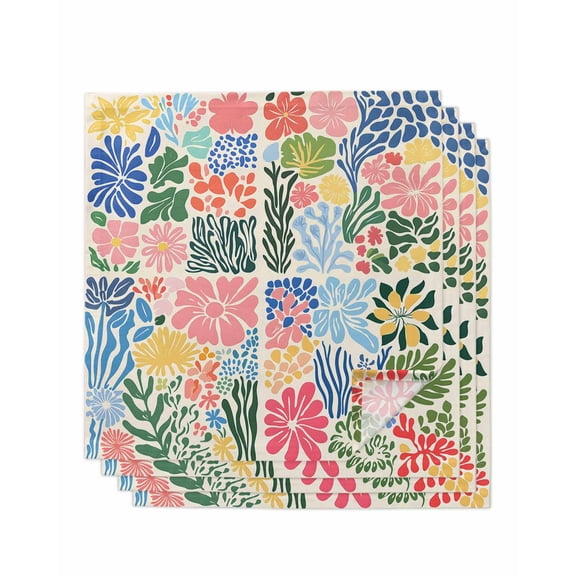 Abstract Flower Cloth Napkins Set of 4 Reusable Dinner Napkins, Coolorful Wildflower Darden Floral Cocktail Napkin Washable Table Napkins for Wedding/Holiday Party/Baby Shower 20"x20"