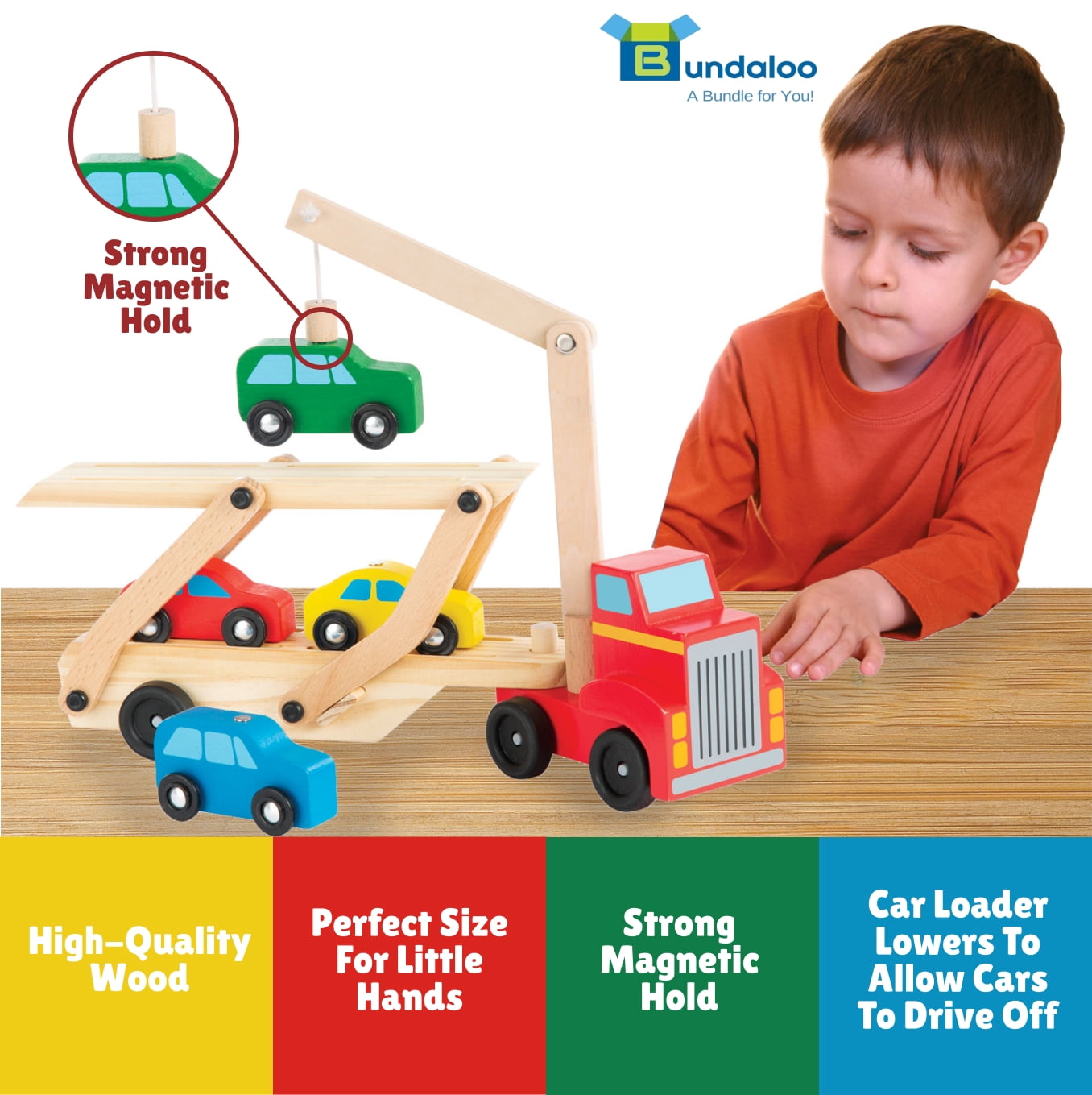 Bundaloo Magnetic Car Loader Truck with Lift - Wooden Carrier Vehicle Toy for Kids 3 and Up - Magnetic Crane and Cars, Removable Trailer - Educational Set for Learning Color, Imagination and Sorting