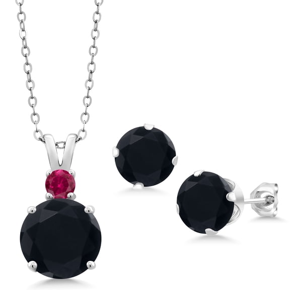 Gem Stone King 925 Sterling Silver Black Onyx and Red Created Ruby Pendant and Earrings Jewelry Set for Women (5.81 Cttw, Round 10MM, Gemstone December Birthstone, with 18 inch Silver Chain)