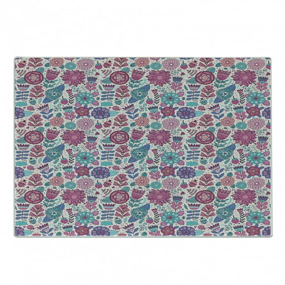Garden Cutting Board, Doodle Peonies Tulips Berries Bugs Botanic Display Print, Decorative Tempered Glass Cutting and Serving Board, Small Size, Violet Blue Sky Blue, by Ambesonne