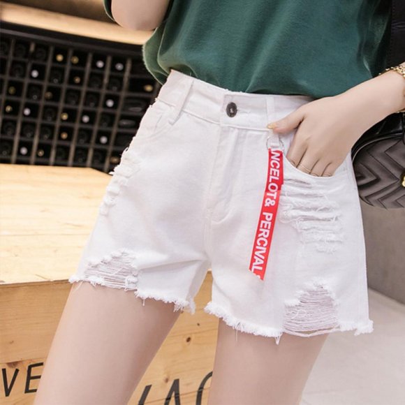 Women Solid Color High Waist Jeans Shorts Slim Casual Slim Waist Summer Loose Hole Denim Shorts