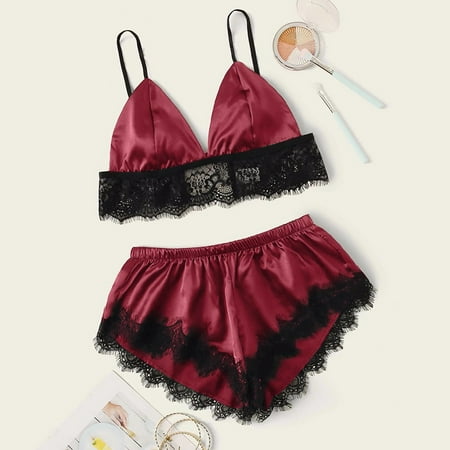 Dihao Womens Pajama Sets Womens New Sexy Lace Lingerie Silk Sling Bra with Underwear Pants Two Piece Set High Waistes Elastic Lounge Set Homegown