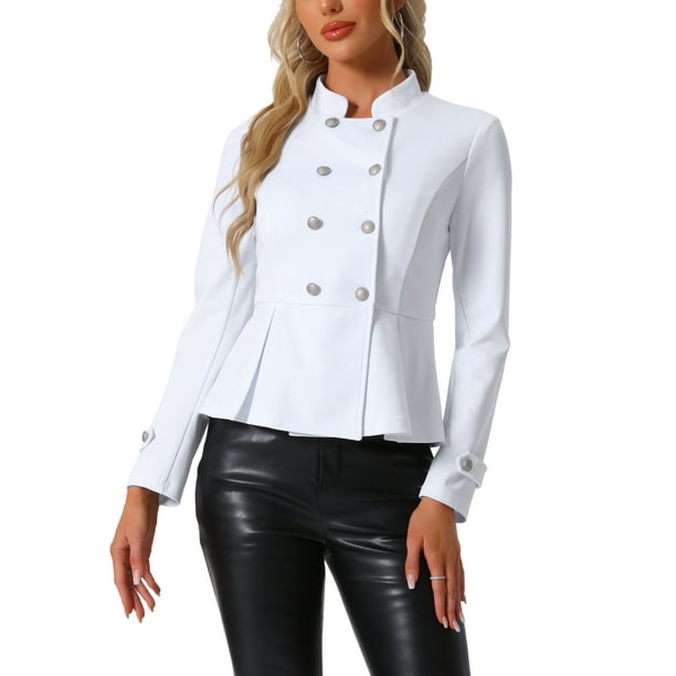 CHAQUETA Steampunk Peplum CHIC para Mujer con Cuello Alto, Doble Botonadura, Blazer Casual de Oficina L Blanco