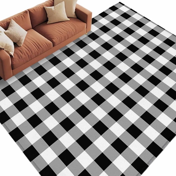Farmhouse Checkered Large Area Rugs for Bedroom Living Room, Soft Non Slip Carpet Bedside Rug, Black White Buffalo Plaid Rectangular Floor Cover Kitchen Accent Rug 6'x9' for Dining Room/Office