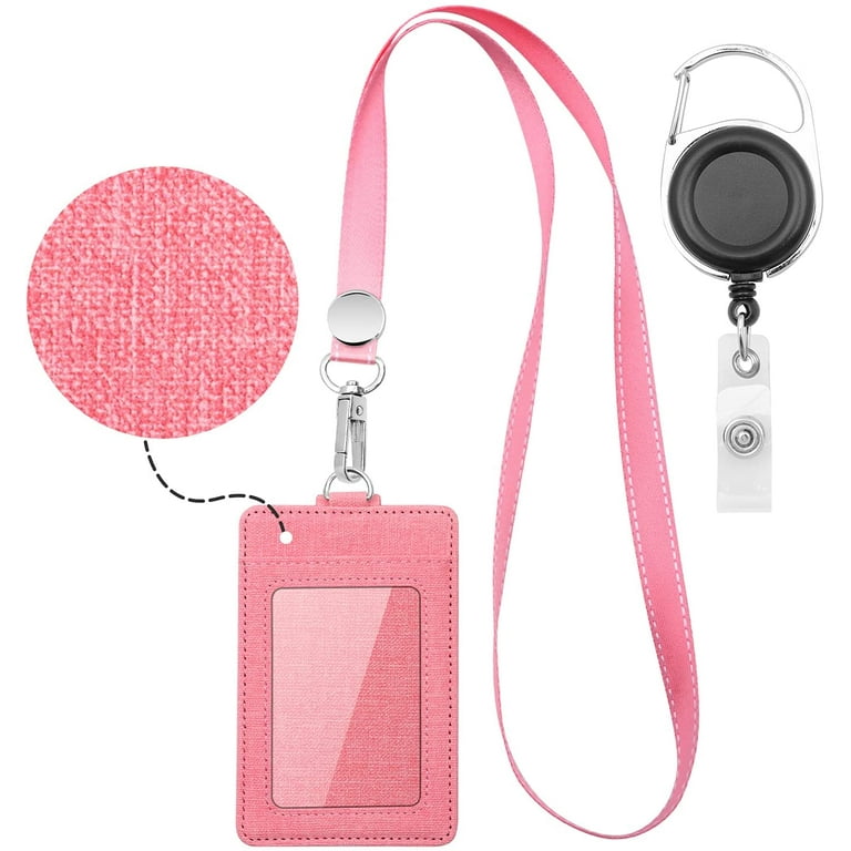 Badge Holder - Leather ID Badge Card Holder Wallet Case with 3 Cards Slot  and Neck Lanyard/Strap. Additional Retractable Badge Reel with Belt Clip  (Pink) 