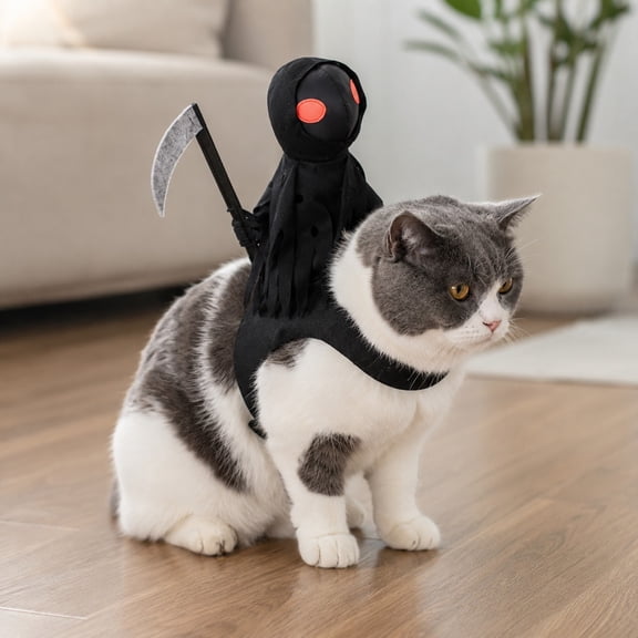 KnightPaws Pet Halloween Costume Grim Reaper Illusion for Dogs Cats, Adjustable Funny Riding Pet Costume for Small Medium Pets