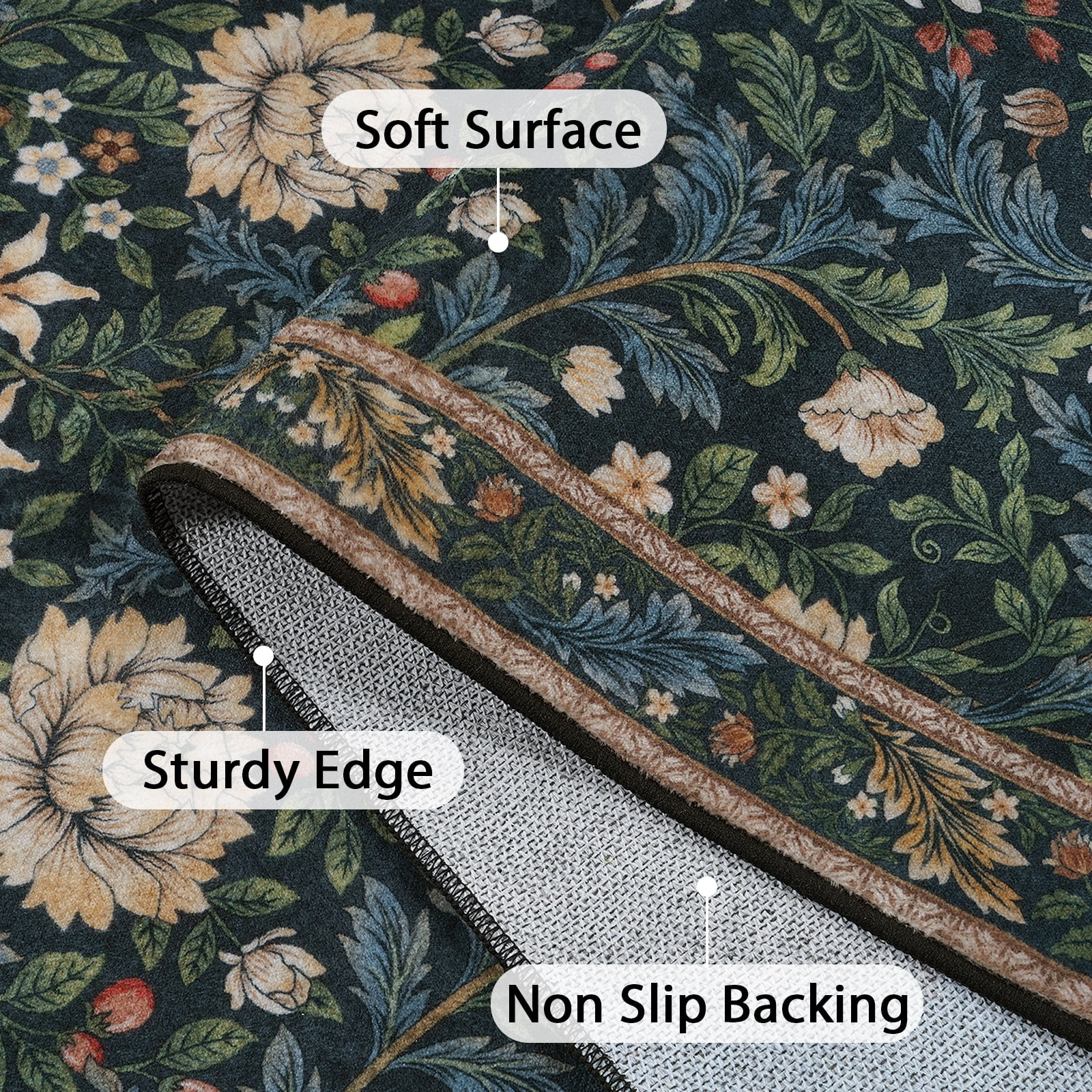 Lahome Non-Slip Washable 8x10 Area Rug, Boho Floral Vintage Low-Pile Carpet for Living Room Bedroom Dining Room and Office, Soft Indoor Mat in Dark Green/Black