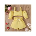 thumbnail image 2 of Bagilaanoe Toddler Baby Girls Two-Piece Outfits Plaid Short Sleeve Shoulder Crop Tops + Elastic Waist Drawstring Shorts, 2 of 8