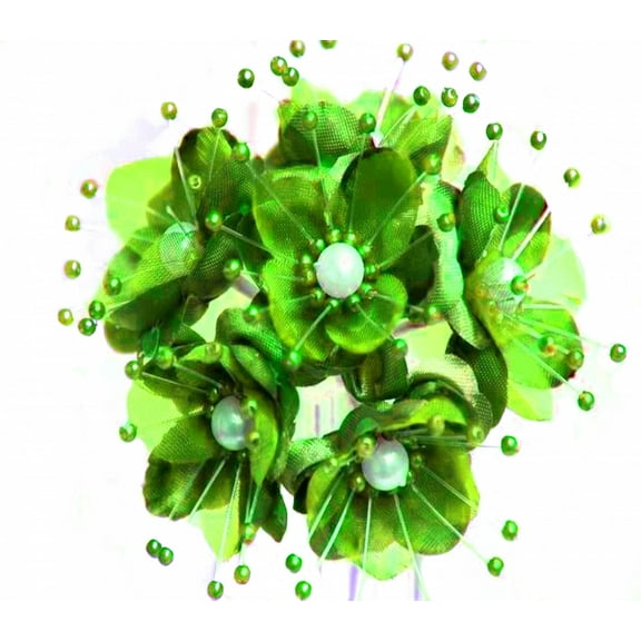36 Wedding Bridal Pearl Satin Organza Flower Favor Pick - Apple Green