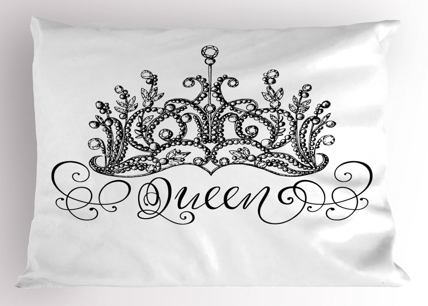 Queen Pillow Sham Hand Drawn Crown with Queen Lettering Baroque Style