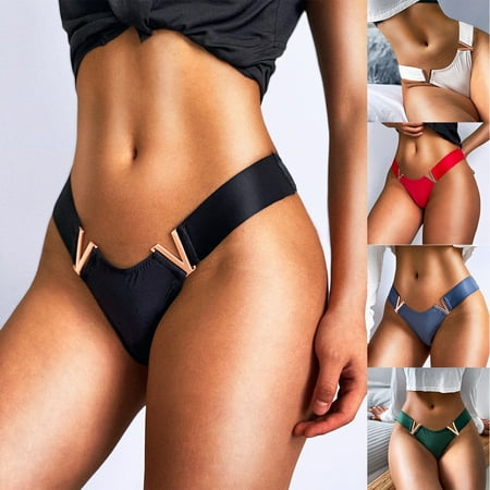 

rygai Low Waist Hip Lifting Women Panties V-Shaped Metal Decoration Underwear for Daily Wear Black S