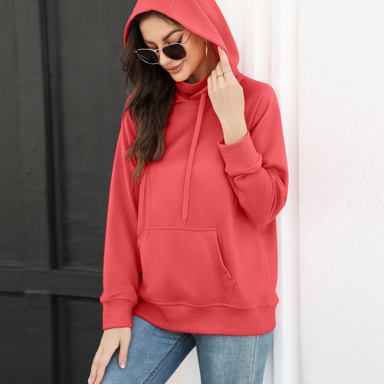tklpehg Womens Hoodies Sweaters Long Slaves Casual Sweatshirt Hooded Neck  Classic Solid Colors Comfortable Loose Fit Blouse Ladies Tops Long Sleeve  Shirts Pullover Hoodie Red M - Walmart.com