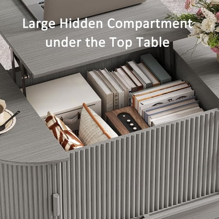 Lift Top Coffee Table with Storage, Oval Wood Coffee Table with Sliding Doors & Hidden Compartment, Fluted Center Table for Home, Living Room,Office, Grey$$