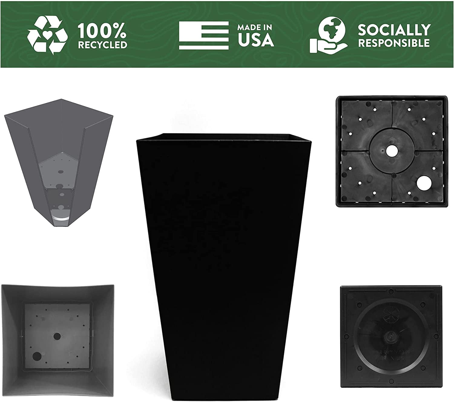 Unbranded Finley Tall Square Planter - Matte Textured, 20"/Black, Plastic, Indoor/Outdoor — Residential Use, Standard Application