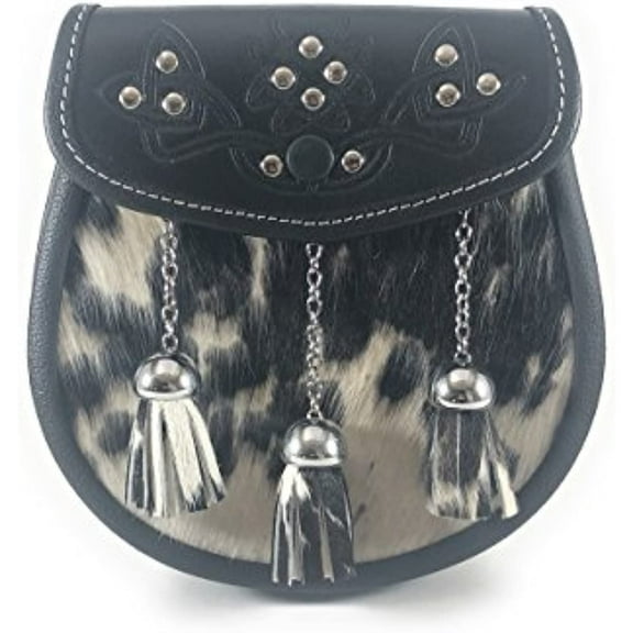 Original Cowhide Leather Scottish Kilt Sporran with Three Tassels & Embossed Flap Black
