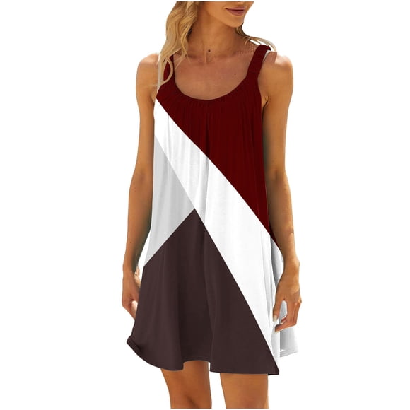 Vestido de Verano para las Mujeres Impreso sin Mangas Cuello Redondo, Suelto de Rodilla de Longitud Vestido Casual para la Primavera
