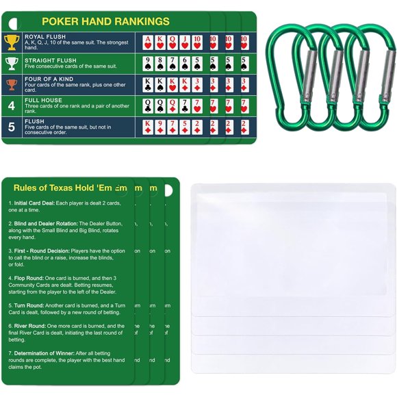 ERDS-4-Pack (8 Cards) Poker Hand Rankings Cards Set with Magnifier & Clip, Texas Hold'em Cheat Sheet & Rules Guide, Sturdy Poker Accessories for Beginners, Pros, Poker Night