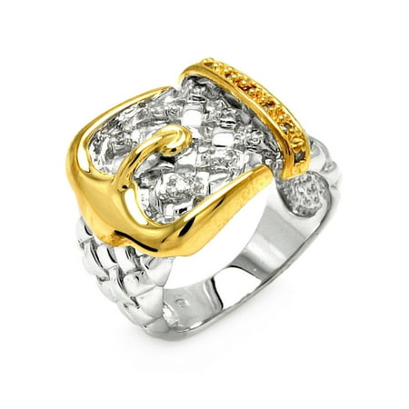 Belt Buckle Necklace - Rhodium Gold Plated Brass Clear Cubic Zirconia Belt Buckle Ring