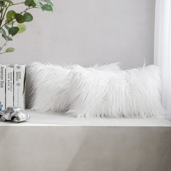 Phantoscope Soft Fluffy Faux Fur Rectangle Cusion Decorative Throw Pillow Cover with Insert Filled, 12" x 20", White, 2 Pack