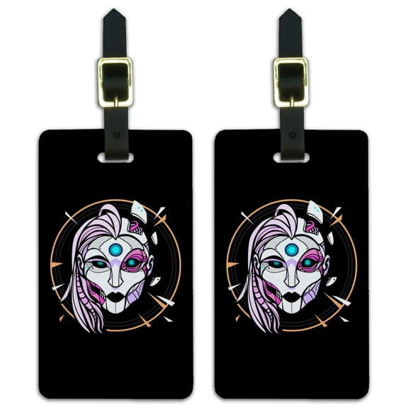 Cyborg Android Robot Science Woman Face Luggage ID Tags Suitcase Carry-On Cards - Set of 2