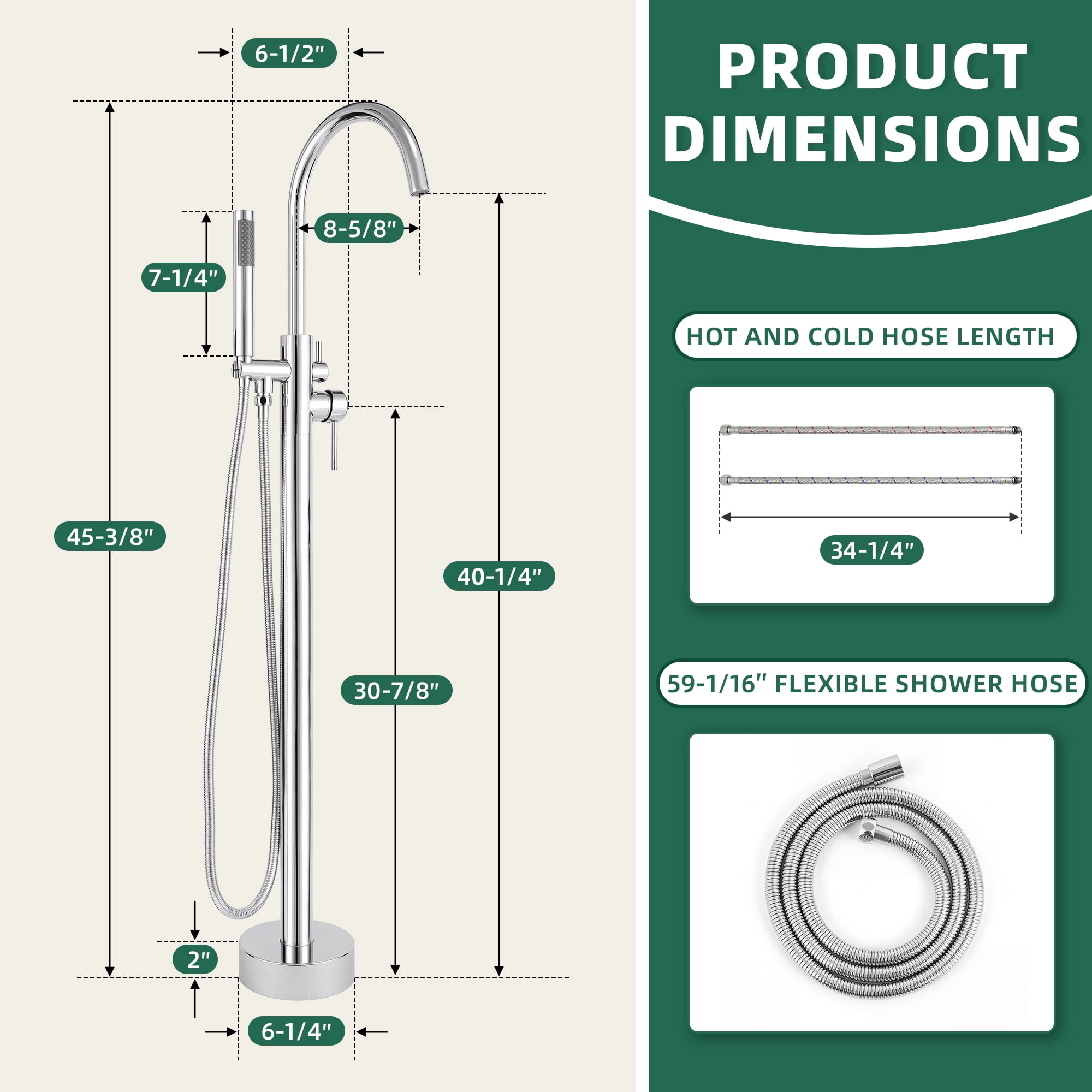 Free Standing Tub Faucet, High Flow Freestanding Bathtub Faucet with Handheld Shower & Gooseneck Spout, 360°Swivel Tub Filler, Brass Body, Chrome