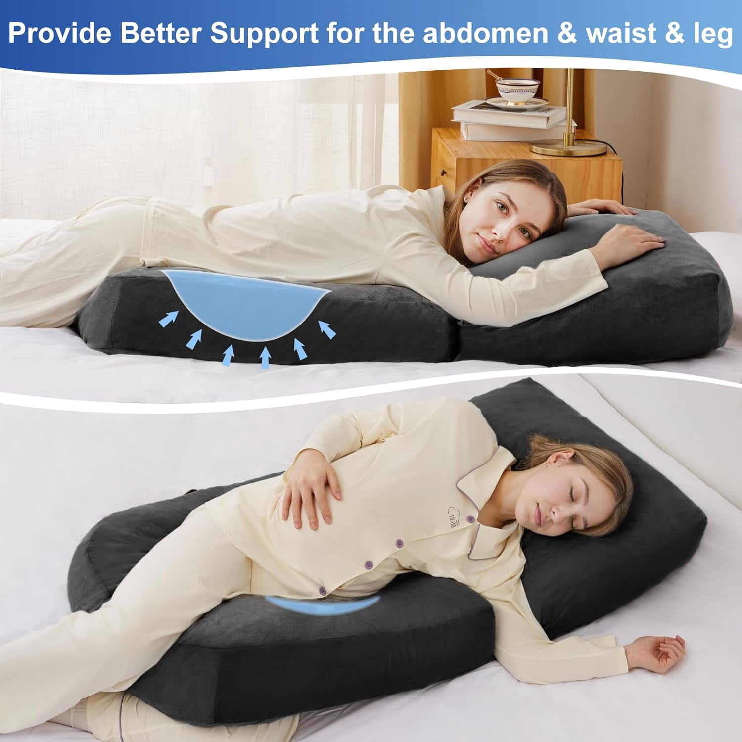 Pregnancy Pillow for Sleeping – 44.5 Inch Full Body Pillow with Leg Pillow & Removable Cover, Supports Back, Legs, Belly, Hips for Pregnant Women (Black)