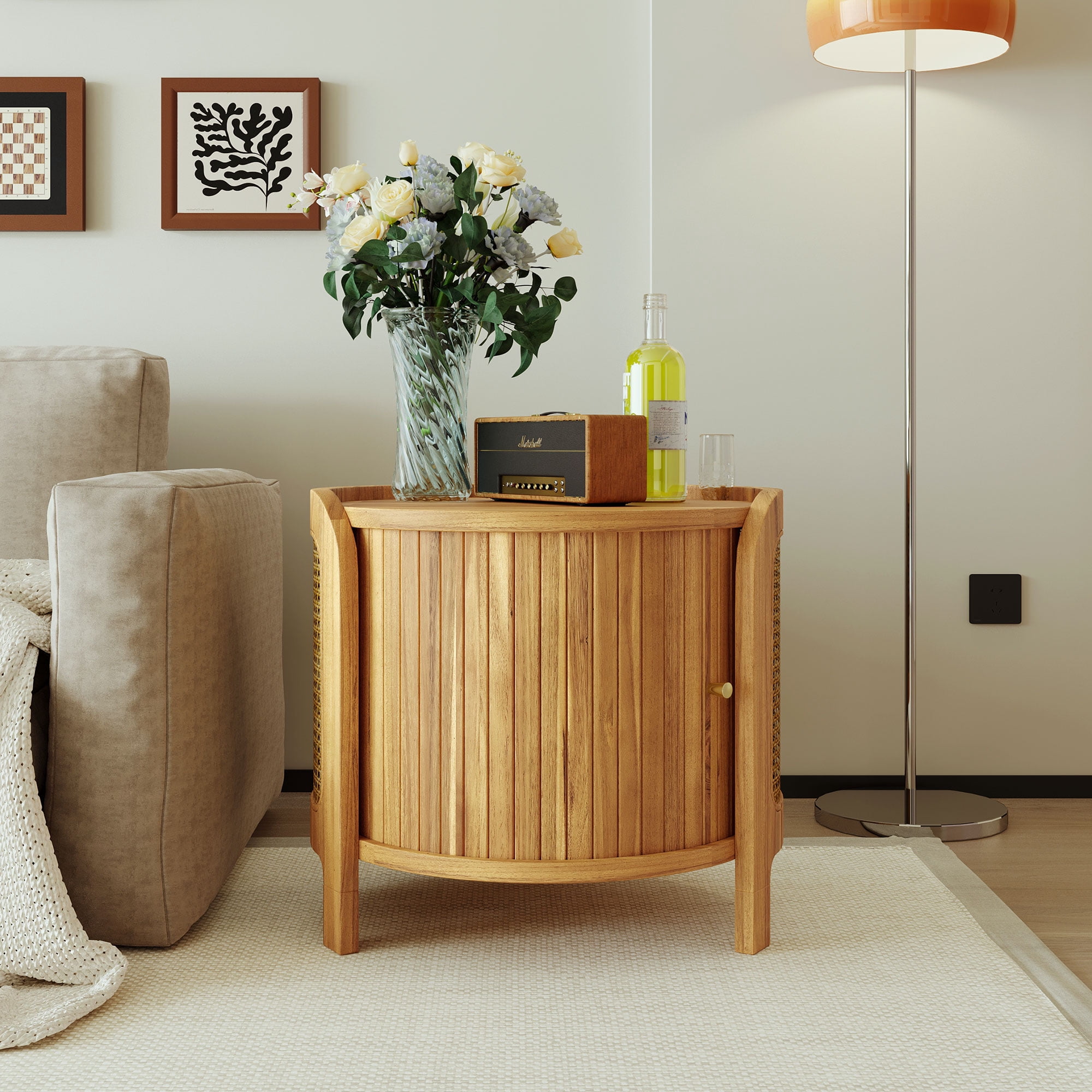 Round Coffee Table with Rattan Accents and Hidden Storage, 19.7-Inch Modern Rotating Side Table for Living Room, Antique Brown