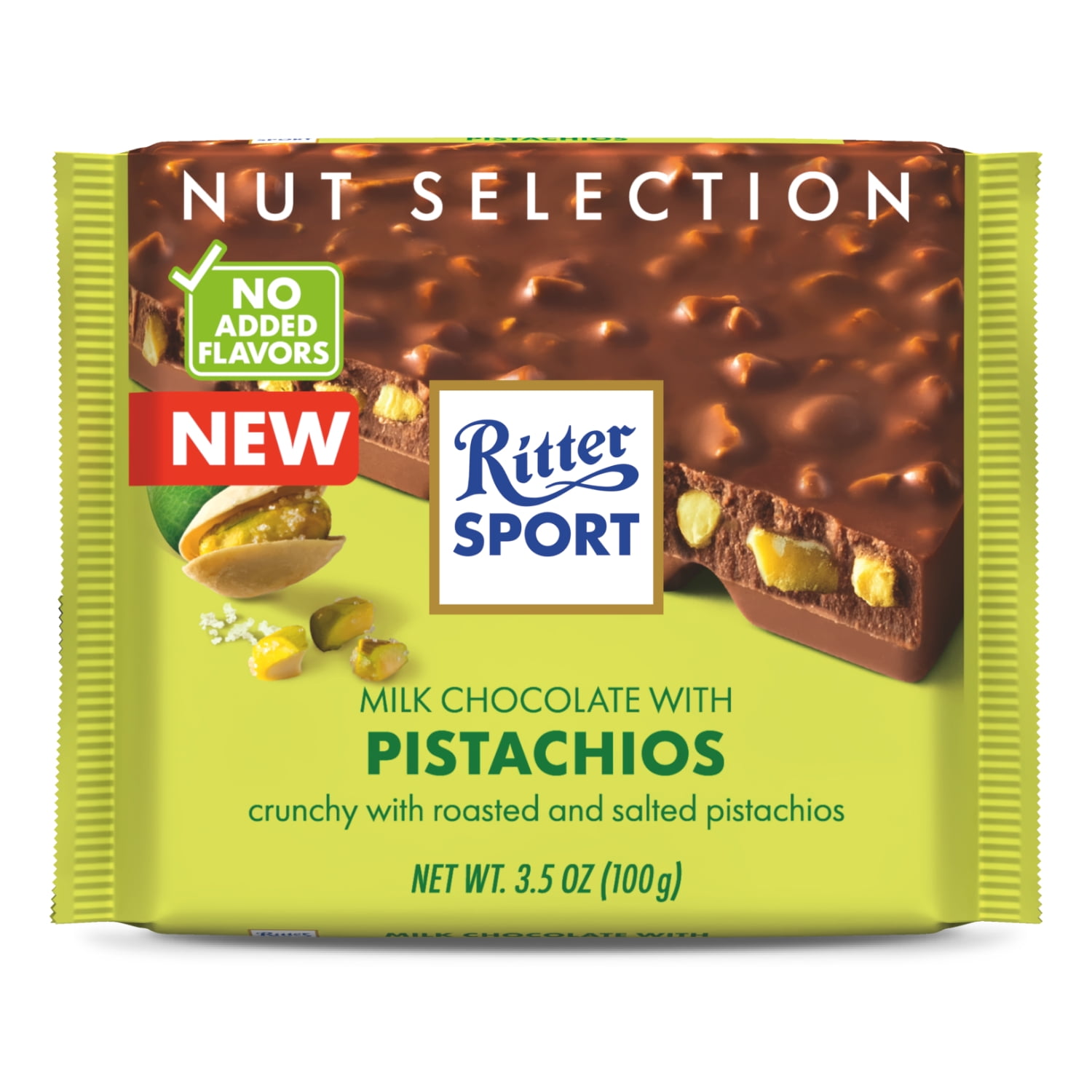 Ritter Sport Milk Chocolate Candy Bar with Crunchy Roasted and Salted Pistachios – Authentic German Chocolate, Wrapped, 3.5 oz
