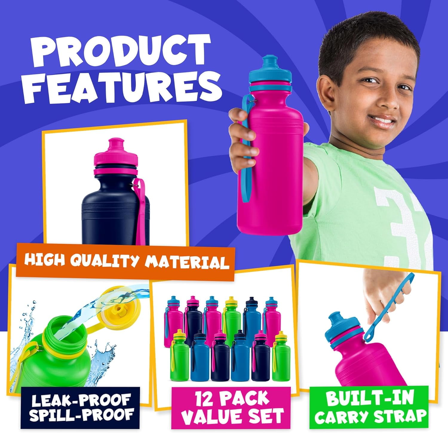 Bedwina Bulk Water Bottles for Kids - (Pack of 12) 18 oz - 7.5 Inch BPA-Free Plastic Water Bottles With Pop-up Tops & Handles for Summer, Reusable Water Bottles Bulk for School