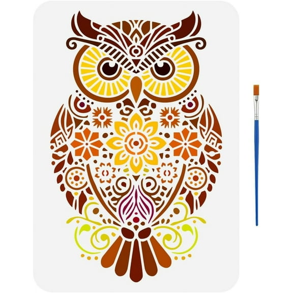 Mandala Owl Painting Stencil with Brush 8.3x11.7inch Flowers Pattern Template Rectangle Animal Owl Stencil Animal Theme Mandala Pattern Template for Painting on Wood Fabric