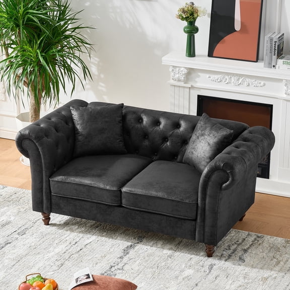 66" Chesterfield Tech Fabric Sofa with Rolled Arms, Upholstered Mid-Century Modern 2-Seater Couch, Stylish and Comfortable Sofa for Living Room, Office or Apartment (Black)