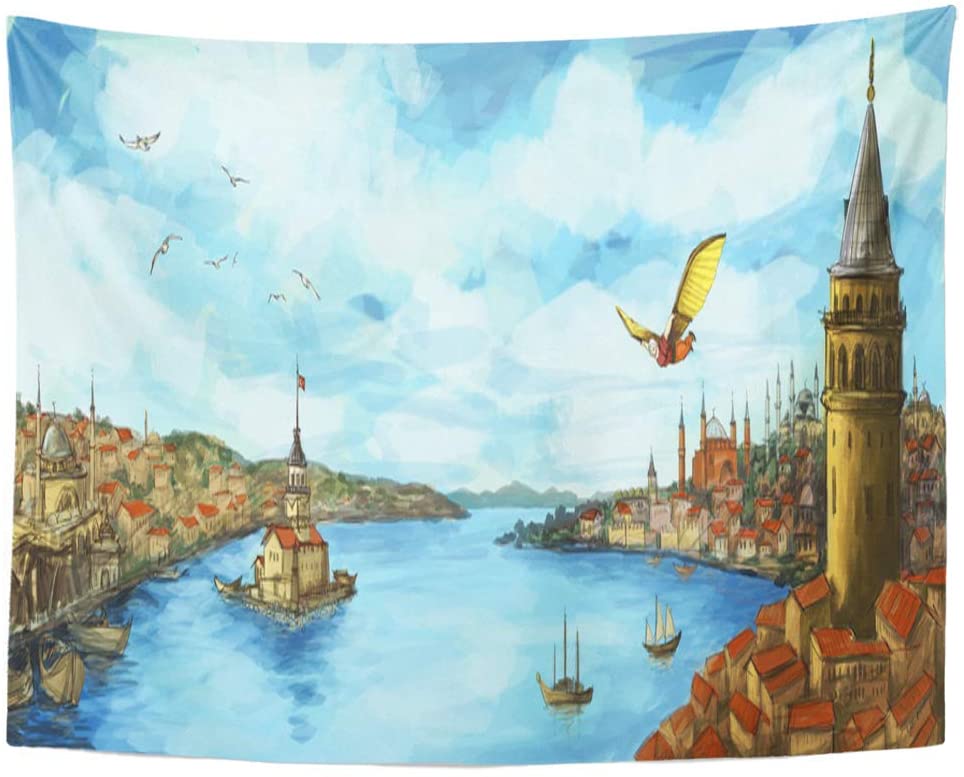 Tapestry Wall Hanging Blue Ottoman Istanbul Panoramic Hezarfen Ahmed Celebi Constantinople 