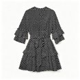 thumbnail image 5 of ClodeEU Women's Polka Dot Print Round Neck 3/4 Bubble Sleeve Waist Tie Ruffle Mini Dress,Elegant Casual Date Party Swing Dress Black,Women's Plus L, 5 of 5