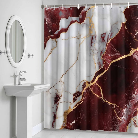 Shower Curtain, Burgundy Red White Marble Waterproof Shower Curtain Set with Hooks for Bathroom Showers,Stalls and Bathtubs,72x72In Modern Abstract Stone Crack Texture