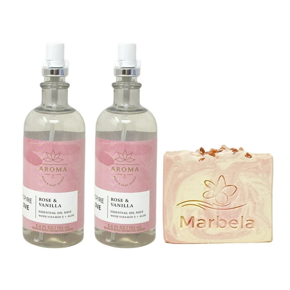 Bath & Body Works Aroma Inspire Love ROSE   VANILLA 2 Pack Essential Oil Mist Gift Set with a Marbela Himalayan Salts Springs Bar Soap - Full Size