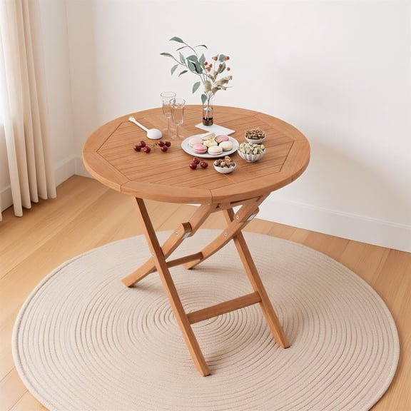 Topcobe 31.5 Inch Folding Patio Teak Wood Round Coffee Table, Outdoor Deck Furniture