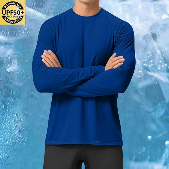 hlysgo Men's UV Shirts Cooling Long Sleeve Shirts for Men Summer Crewneck Athletic Tee Shirt Activewear Casual Rash Guards for Outdoor Hiking Blue,M