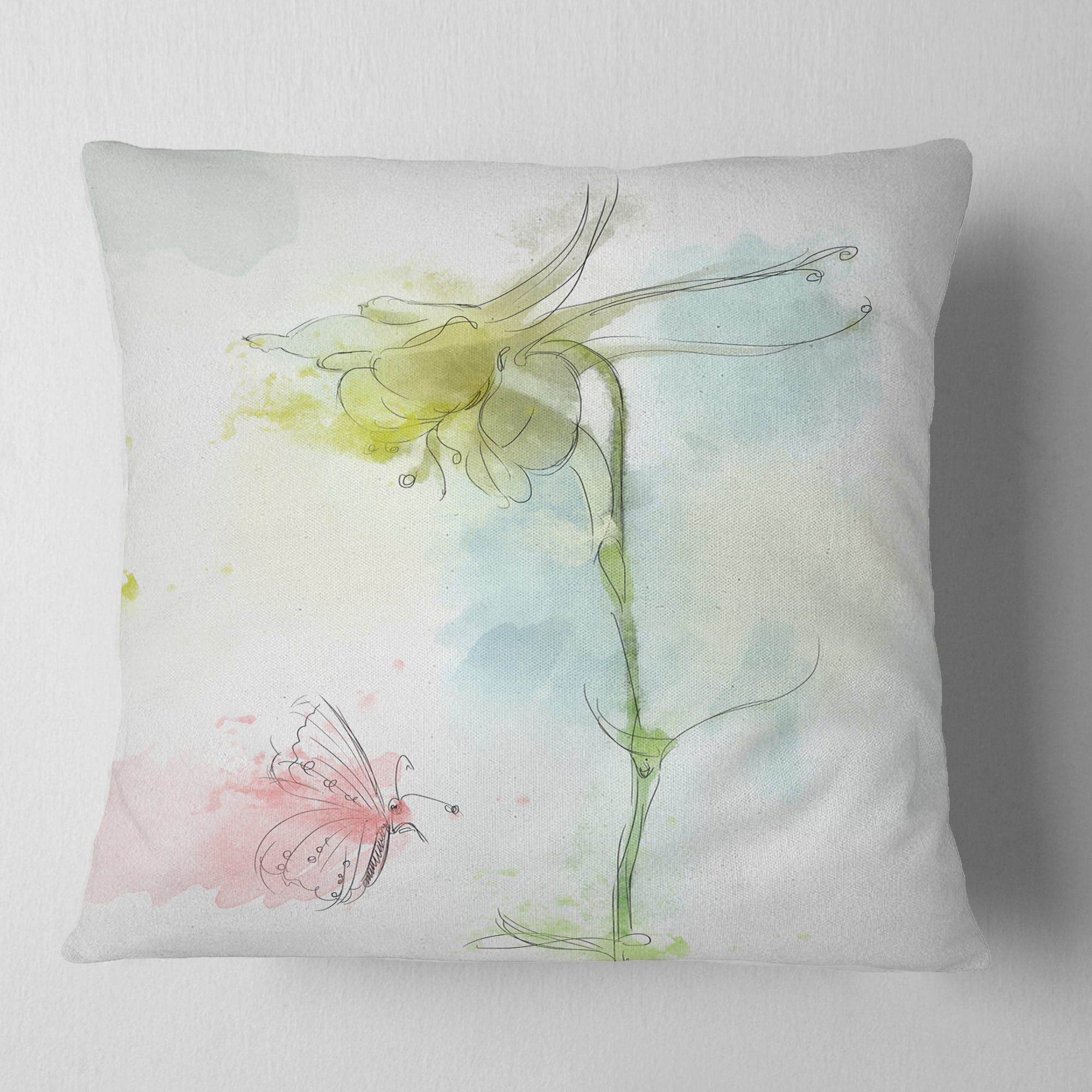 Designart Bellflower Sketch and Butterfly - Floral Throw Pillow - 16x16