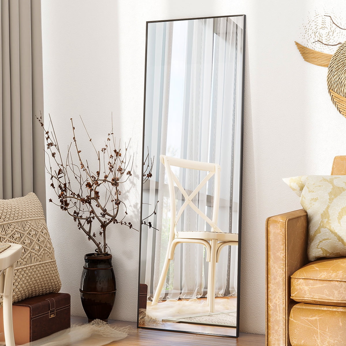 Anyrose 59.1"x16" Rectangle Full Length Mirror Metal Frame Floor Mirror with Stand, Black