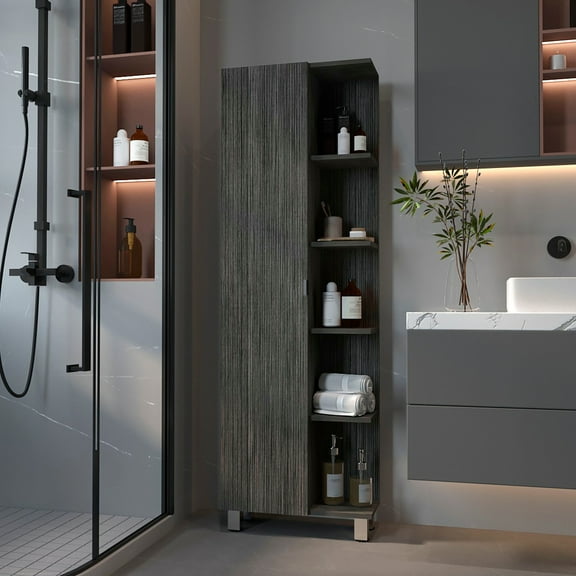 18.3" H Second Shelf Oak Linen Cabinet For Bigger Items Tall And Compact Bathroom Closet