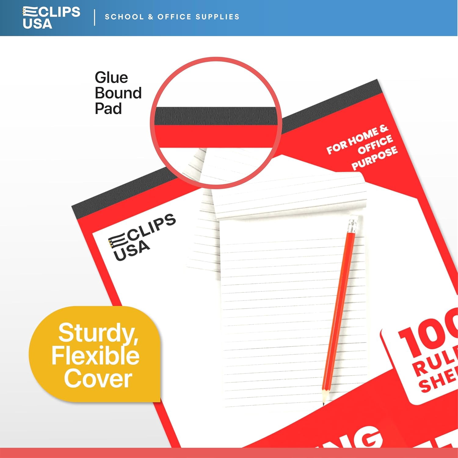 E-CLIPS USA Ruled Writing Tablet Small Note Pads, 9” x 6”, 100-Sheet Pad, 48-Pack