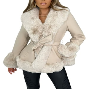 Women‘s Faux Leather Jacket with Faux Fur Collar Long Sleeve Parka with Pockets Warm Winter Coat with Belt