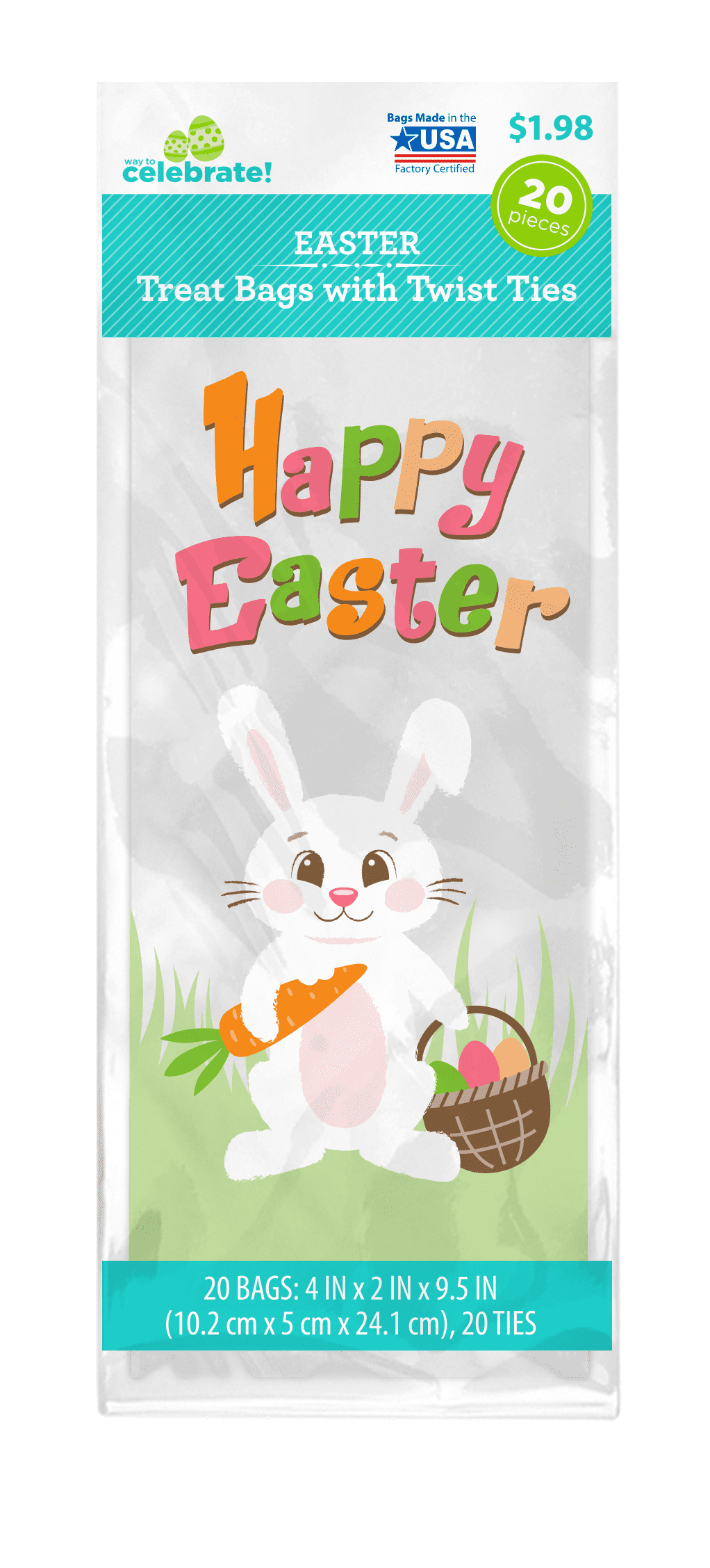 Way to Celebrate 20 count Cello Easter Treat Bags 4"x9.5" with 20 White