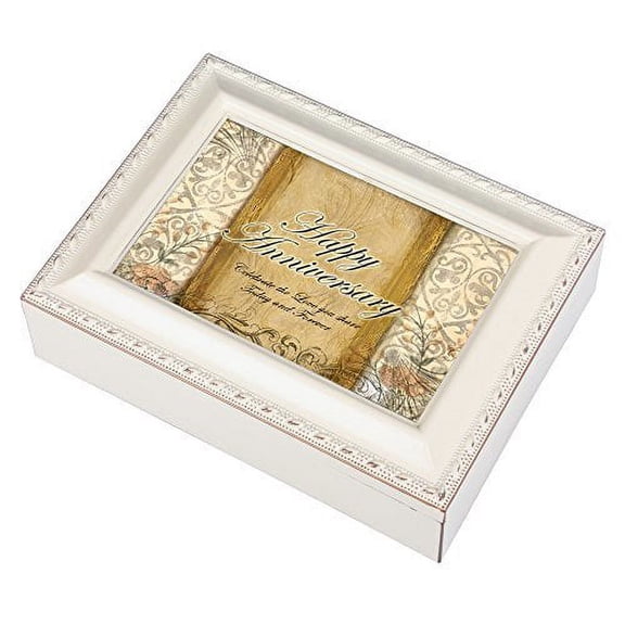 Happy Anniversary Ivory Finish Jewelry Music Box Plays Tune Ave Maria