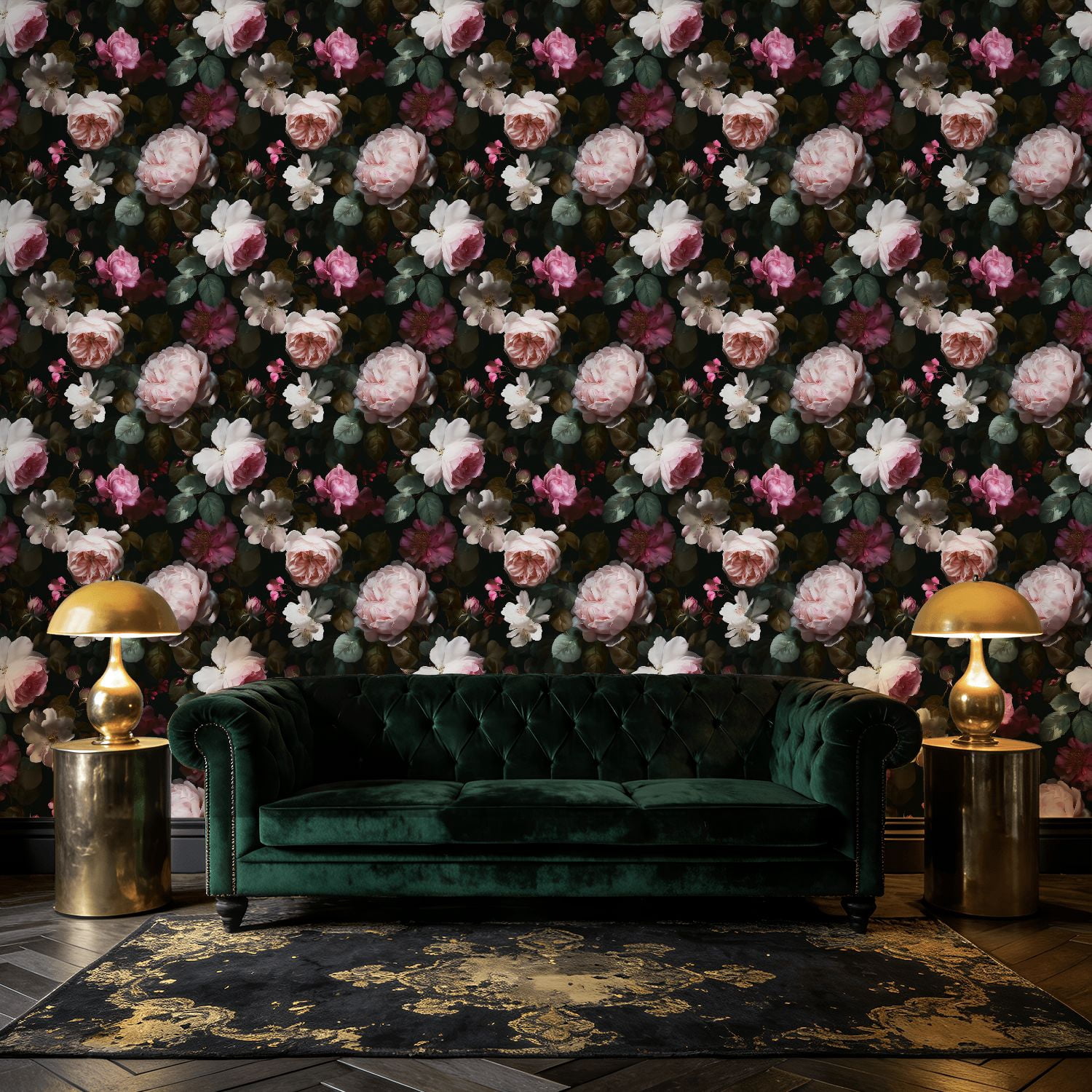 Peel and Stick Wallpaper Soft Pink Roses Delicate White Flowers Dark Wall Mural 23.6in x 9.8ft Self Adhesive Removable Wall Paper Renter Friendly Wallpaper for Nursery Bedroom Cabinets