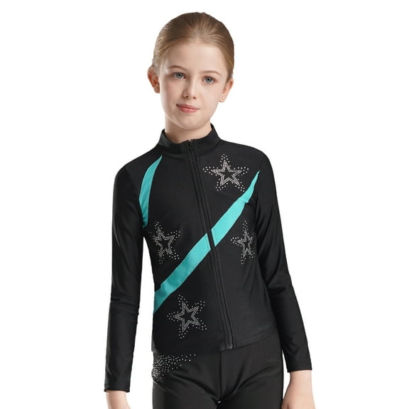 TTAO Girls Figure Skating Jacket Long Sleeve Stripe Skating Coats Teens Training Practice Outfit Activewear Blue Green 6